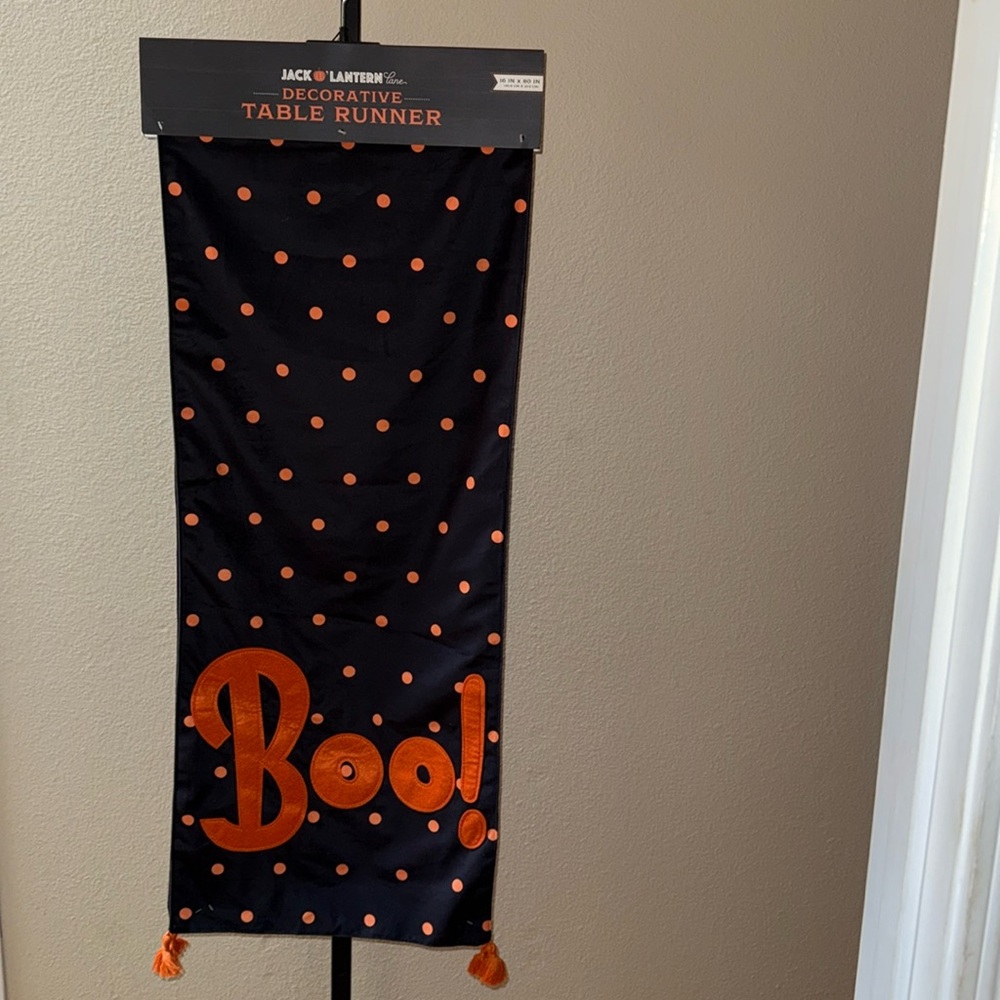 Jack O’Lantern Halloween Table Runner 14x80”Velvet Raised Felted BOO Polka Dots